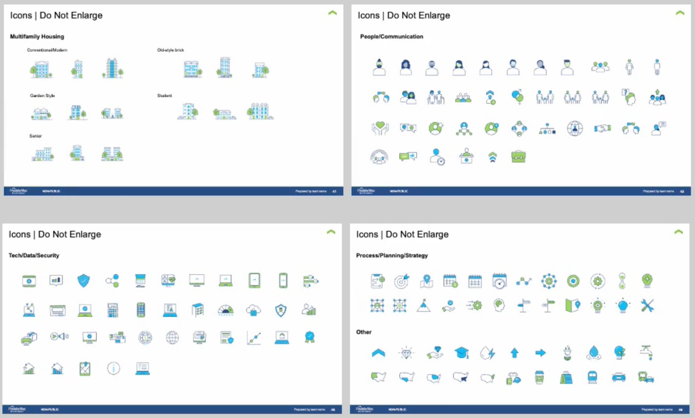 Icon library including multifamily housing, people, tech, and process icons