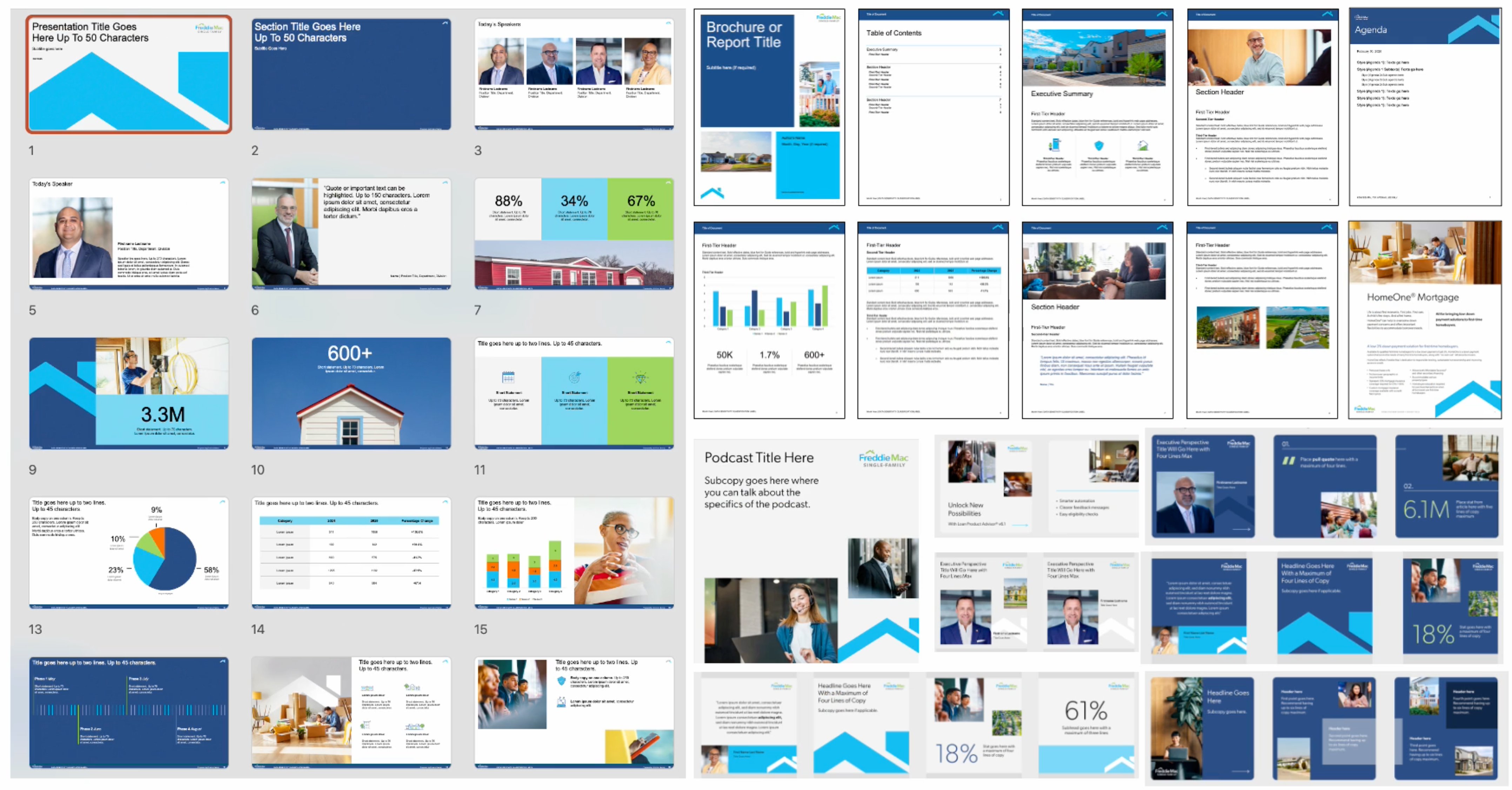 Comprehensive Single-Family brand system showing internal templates, FHFA brochures, external social templates and ads